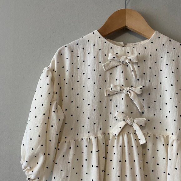 Handmade Children's Black Off White Polka Dot 100% Cotton Front Bows Dress - Picture 5 of 14